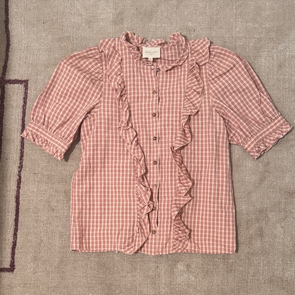 Sezane Pink Plaid Ruffle Button-Up Top